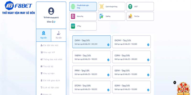Quy tắc cần đáp ứng khi nạp tiền F8bet